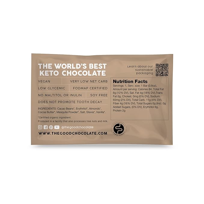 THE GOOD CHOCOLATE - Mini Salted Almonds Chocolate Bars with Zero Sugar &amp Lower Net Carb - Keto Chocolate Bar Offers Lower Calorie Chocolate Candy - All Natural Non-GMO (Pack of 10)