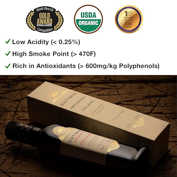 Entimio Ardente Organic Italian Extra Virgin Olive Oil from Italy 600+ mg/kg High in Polyphenols 2025 Gold Winner Sicily Early Harvest evoo Cold Extracted Lab Tested - 8.5 fl oz