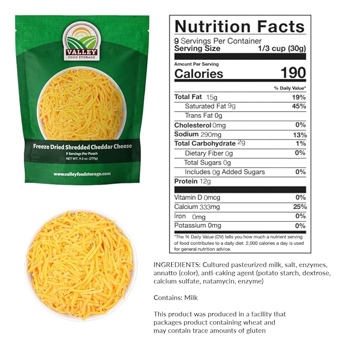 Valley Food Storage Freeze Dried Shredded Cheddar Cheese | 10-Bag Bucket 95 oz | Premium Emergency Food Supply 25 Year Shelf Life | Non-GMO Prepper Food for Cooking Camping &amp Long-Term Storage