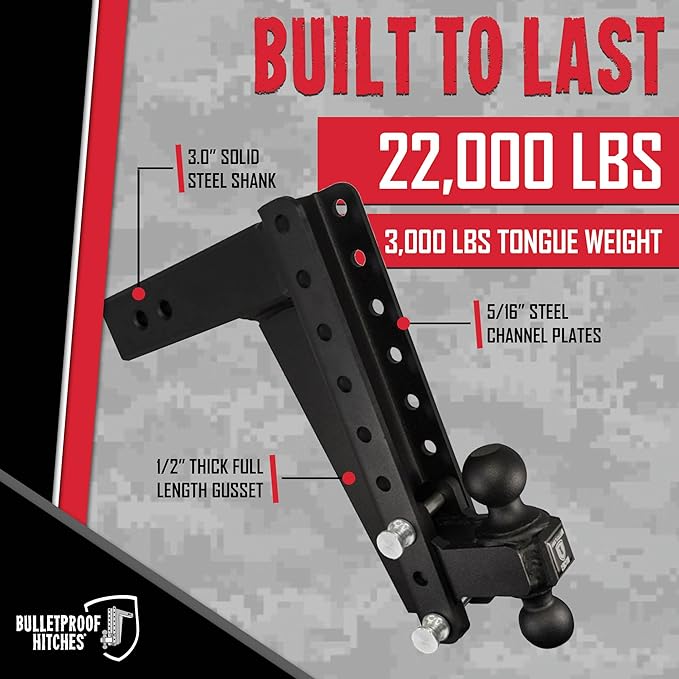 BulletProof Hitches - 3.0 Adjustable Heavy Duty Trailer Hitch (22000 lb. Rating) - 12 Drop/Rise Trailer Hitch with 2 &amp 2-5/16 Dual Ball - Powder Coat Solid Steel Corrosion-Resistant