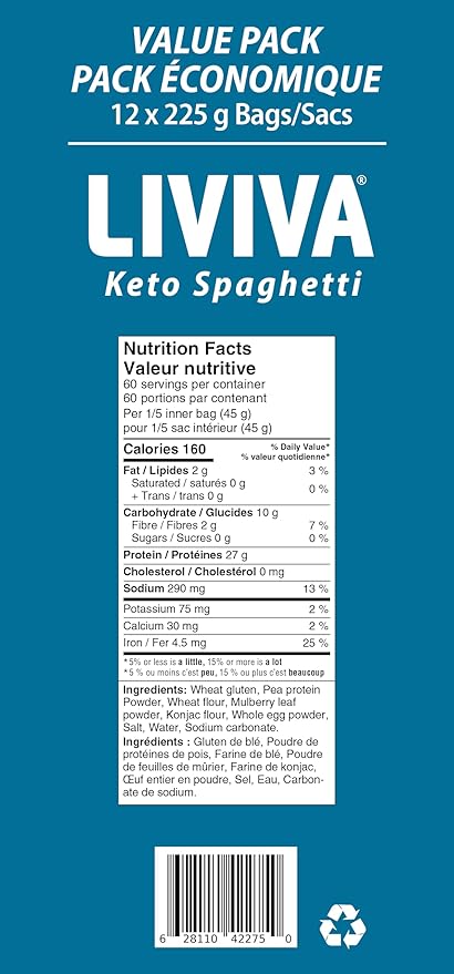 LIVIVA Low Carb High Protein KETO Value Pack Shirataki Pasta – 135 g Protein per Box with Pea Protein &amp Konjac Flour - 8g Net Carbs Diabetic-Friendly - Healthy Al Dente Pasta (12 Pack Spaghetti