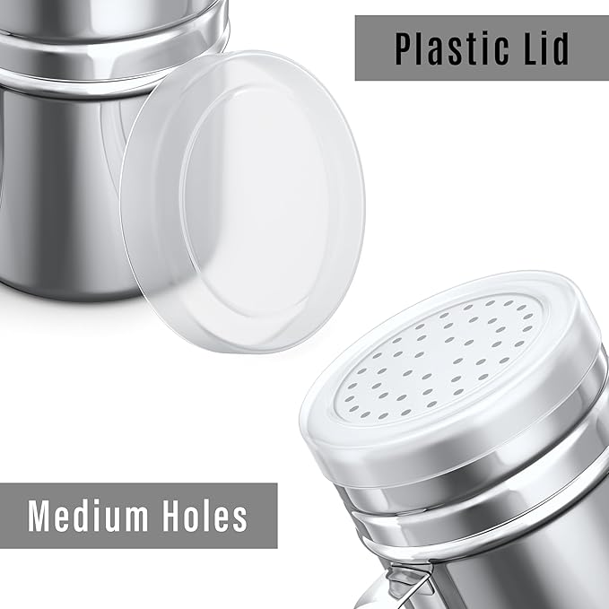 [6-pcs] 10 oz Seasonings Spice Shakers with Adjustable Fan-Style Lids and Handles + [1-pc] 10 oz Stainless Steel Salt Pepper Dredge Shaker with Plastic Cap and Handle Bundle
