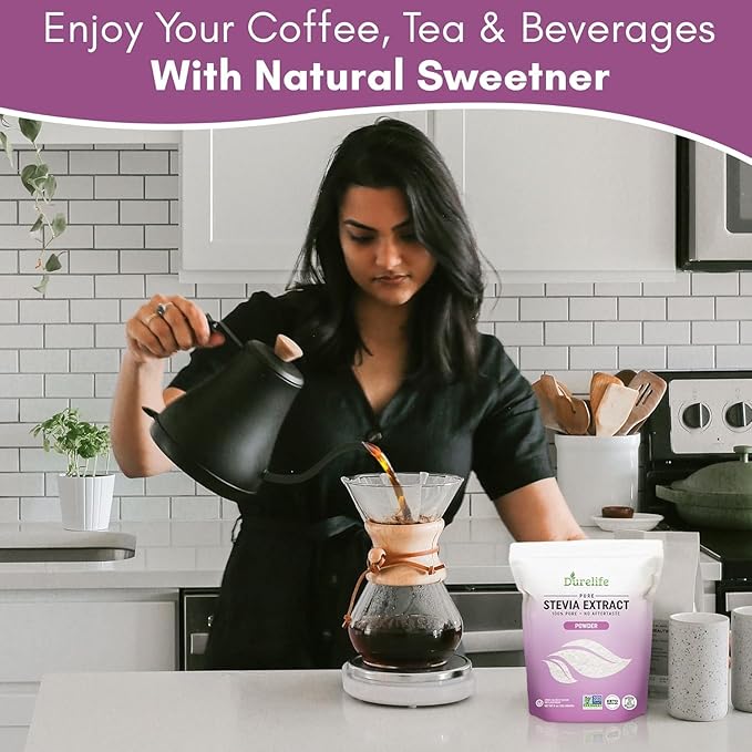 Durelife 100% Pure stevia extract sweetener | No Erythritol NON-GMO Project Verified No Fillers Zero Calorie Sugar Substitute | No Aftertaste | Micro-Spoon Included (16 Ounce (Pack of 1))