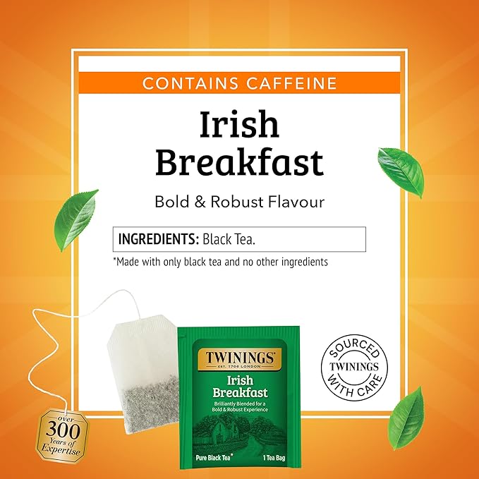 Twinings Irish Breakfast Black Tea Individually Wrapped Bags 100 Count (Pack of 1) Flavourful Bold and Robust Caffeinated Enjoy Hot or Iced 100 Teabags