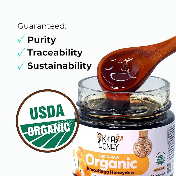 K&ampA HONEY Organic Bracatinga Honey | USDA Certified Organic | Award-Winning 100% Pure Honeydew | Raw Premium Honey | Natural Sugar Alternative | 8.47 oz