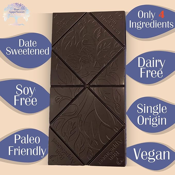 Bon Appesweet Date Sweetened Chocolate Bar - Better than Milk Chocolate | 2.2 Ounce (Pack of 5) | Organic Zero Added Sugar 54% Cacao Plant Based Dairy Free and Guilt Free!