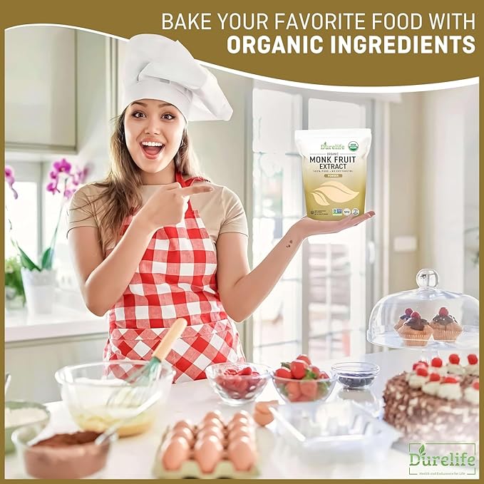Durelife Organic 100% Pure Monk Fruit sweetener No Erythritol Monkfruit Extract Powder USDA organic NON-GMO Project Verified Keto Certified OU kosher No Fillers Zero Calorie Sugar Substitute 15