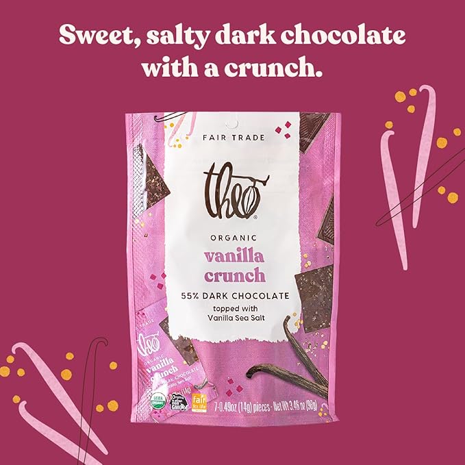 Theo Organic 55% Dark Chocolate Squares Vanilla Crunch w/Vanilla Sea Salt 6 Pouches (7 Individually Wrapped Singles per Pouch) 42 Pieces Vegan Fair Trade
