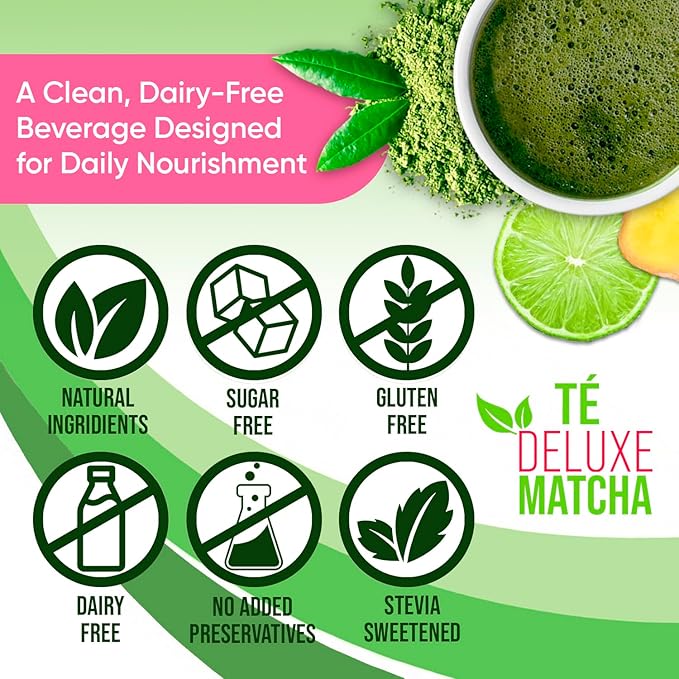 Té Deluxe Ceremonial Grade Matcha Tea with Zesty Lemon &amp Ginger | Premium Japanese Instant Powder Blend Sweetened with Stevia | Sugar Free Vegan Gluten Free Keto | 50 Servings