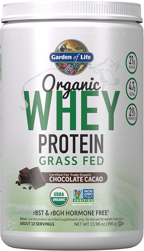 Garden of Life Organic Whey Protein Chocolate Grass Fed Protein Powder – 21g Muscle-Building Powder with Probiotics &amp BCAAs Post-Workout Recovery Hormone-Free Non-GMO Gluten-Free 12 Servings