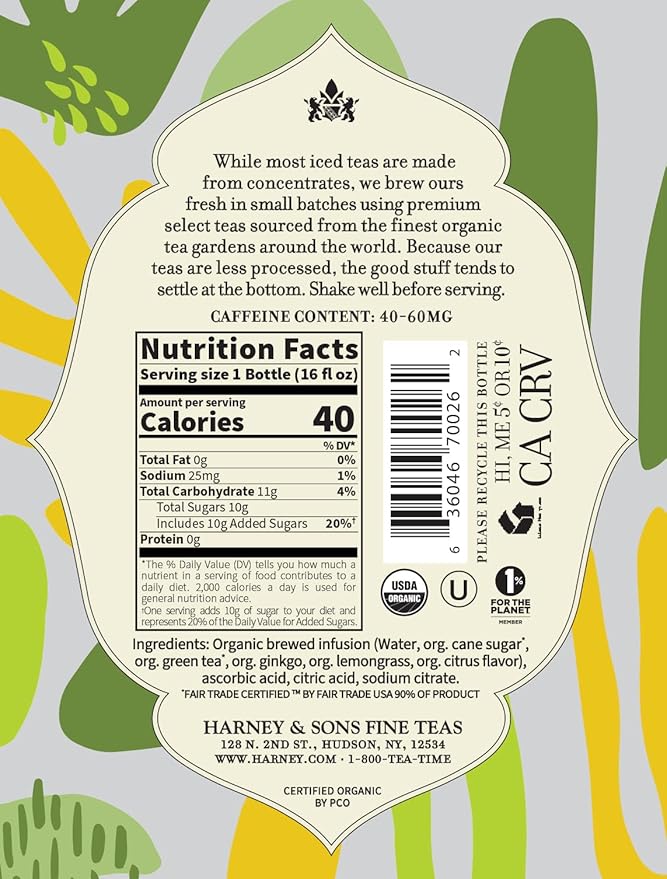 Harney &amp Sons Organic Green Iced Tea with Citrus &amp Ginkgo Certified Organic and Fair Trade (70026) 16 Fl Oz (Pack of 12)