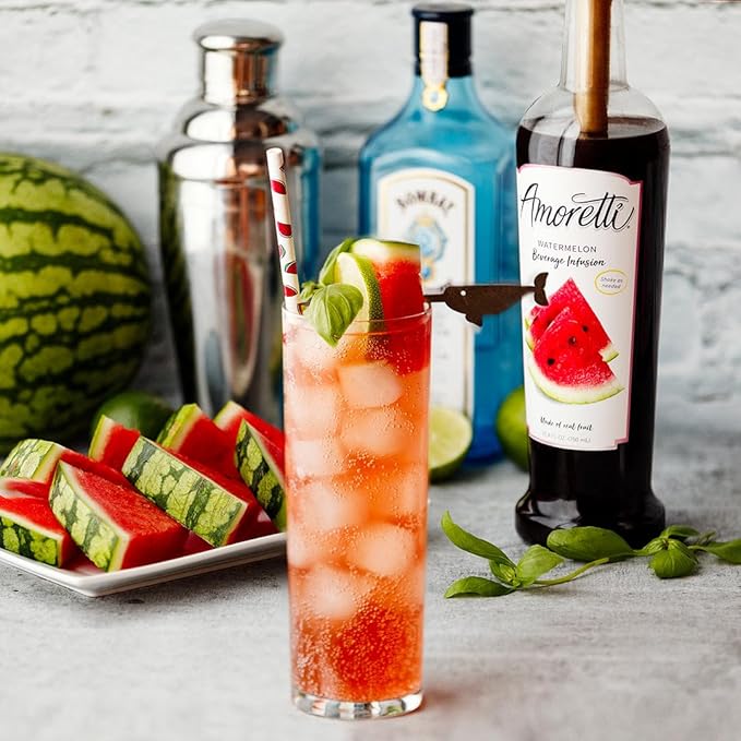 Amoretti - Watermelon Beverage Infusion 94 Servings Per Bottle (750 ml) - Drink Mix &amp Water Enhancer with Pump for Flavoring Cocktails Waters Teas and other Beverages Preservative Free