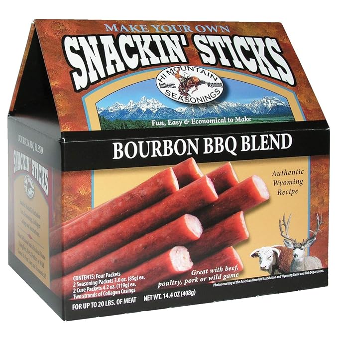 Hi Mountain Seasonings ǀ Snack Stick Seasoning Kit ǀ BOURBON BBQ BLEND ǀ Includes Seasoning Cure Casings &amp Directions ǀ Seasons up to 20 lbs of Meat ǀ Beef Pork Venison Deer &amp Wild Game