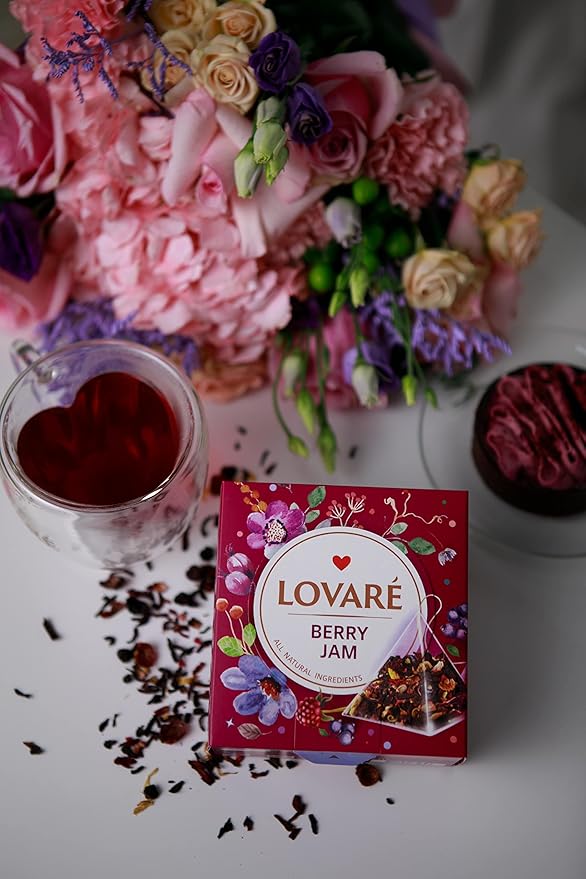 LOVARE Assorted Tea Variety Pack of 60 Pyramids - Made in Ukraine - Set of 4 Pyramid Tea Bags Boxes – 1001 Nights Strawberry Marshmallow Sparkling Splashes Berry Jam - Flavored tea Pyramid Bags