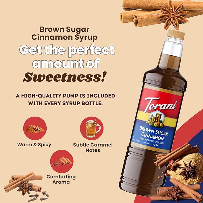 Torani Brown Sugar Cinnamon Syrup 1 Liter Bottle with Pump – Premium Coffee Flavoring Made with Pure Cane Sugar &amp Natural Flavors for Lattes Oatmeal Cocktails &amp Desserts – Café-Quality Sweet