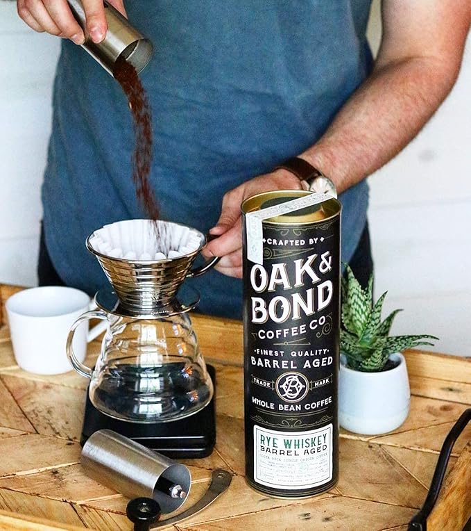 Rye Whiskey Barrel Aged Coffee Costa Rica Single Origin Small Family Farm Whole Coffee Bean Medium Roast w/Flavor Notes of Cocoa Almond Sweet Rye Green Apple by Oak &amp Bond Coffee Co. – 10oz.