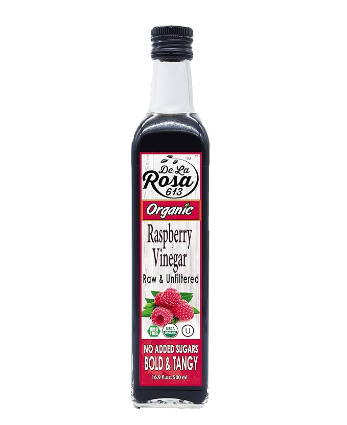 De La Rosa Organic Extra Virgin Olive Oil Raspberry &amp Pomegranate Vinegar 100% Pure Raw &amp Unfiltered Vegan Kosher Non-GMO &amp Gluten Free Great for Salad Dressing &amp More 16.9 Oz (