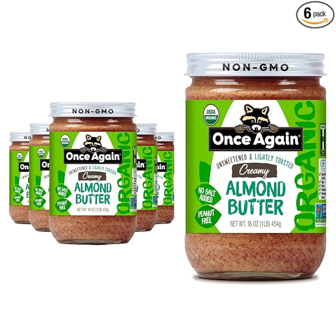 Once Again Creamy Organic Almond Butter No Sugar Lightly Toasted - Single Ingredient Nut Butter No Palm Oil No Salt - Glass Jar Non-GMO Gluten Free Vegan (6-Pack 16 oz Glass Jars)