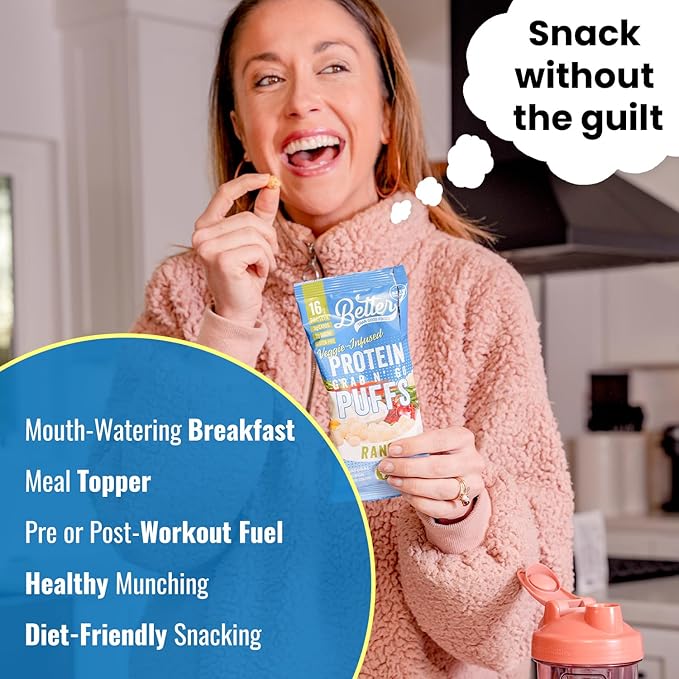 Better Than Good Keto Ranch 16g Protein Puffs | Healthy Savory Snacks Gluten-Free Low Carb kids &amp Diabetic-Friendly Snack No Artificial Flavours | 2 Servings of Fruits &amp Veggies (Pack of 1
