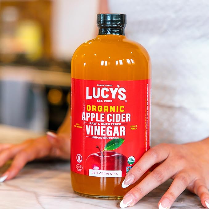 Lucy's Family Owned - USDA Organic NonGMO Raw Apple Cider Vinegar Unfiltered Unpasteurized With the Mother 34oz GLASS Bottle