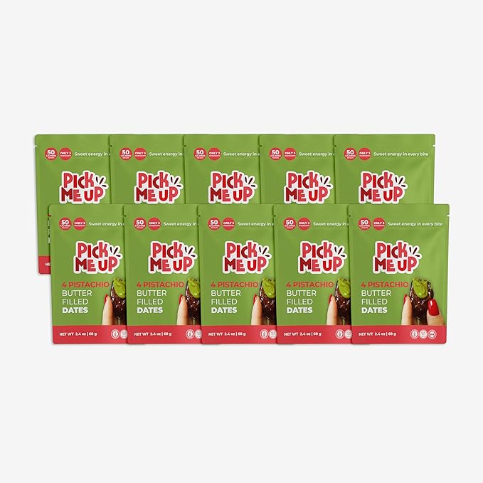 Pick Me Up Snacks – Organic Medjool Dates Pitted and Filled with Creamy Pistachio Butter – 4 Dates per 2.4 oz Pack – Vegan Gluten-Free No Added Sugar – Healthy On-the-Go Energy Snack – Pack of 10 p