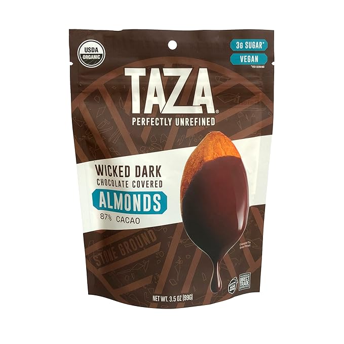Taza Chocolate Organic Chocolate Covered Almonds 87% Wicked Dark Chocolate Vegan 3.5 Ounce (4 Count)