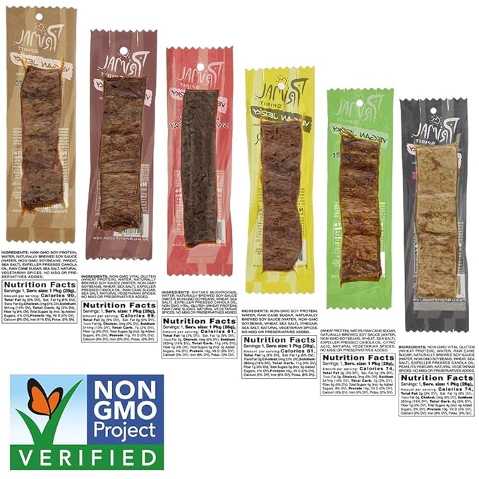 Primal Spirit Vegan Jerky - Sampler Pack 10g. Plant Based Protein Certified Non-GMO (Classics Thai Peanut Mesquite Lime Teriyaki Hot &amp Spicy Hickory Smoked &amp Texas BBQ 18-Pack 1 oz.