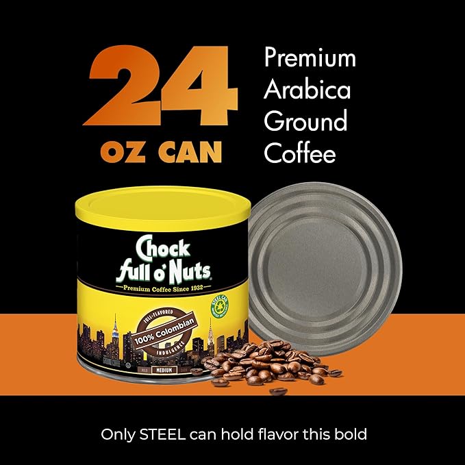 Chock Full o' Nuts Colombian Ground Coffee – Premium Beans in Recyclable Steel Can – Rich Flavor &amp Aroma Dark Roast – Perfect for Drip Pour-Over Percolator – 24 Oz Can