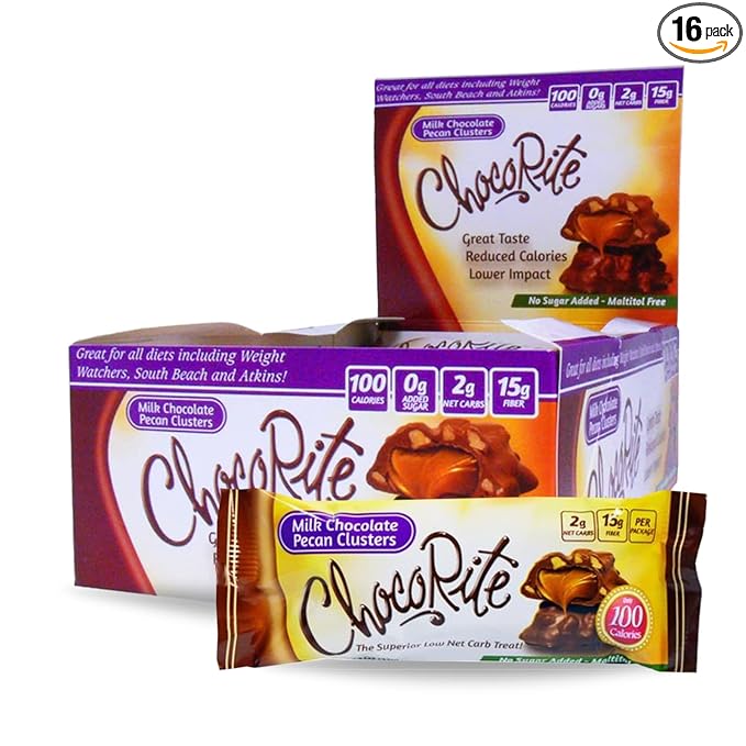 ChocoRite - Diet Milk Chocolate Pecan Clusters - 16/Box - High Fiber - Low Calorie - No Sugar Added