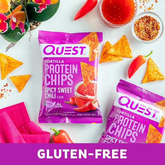 Quest Protein Chips &amp Cookie Dough Bars Bundle - Spicy Sweet Chili Chips (12 Ct 1.1 Oz) and Chocolate Chip Cookie Dough Bars (12 Ct 1.76 Oz)