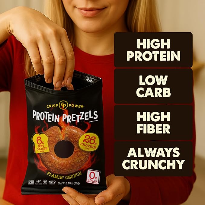 CRISP POWER Protein Pretzels NEW Flamin' Crunch 26G Protein High Protein Snack High Fiber Low Carb Crunchy Pretzel Snacks No Added Sugar 1.75 oz Bags 24 Pack Vegan Keto