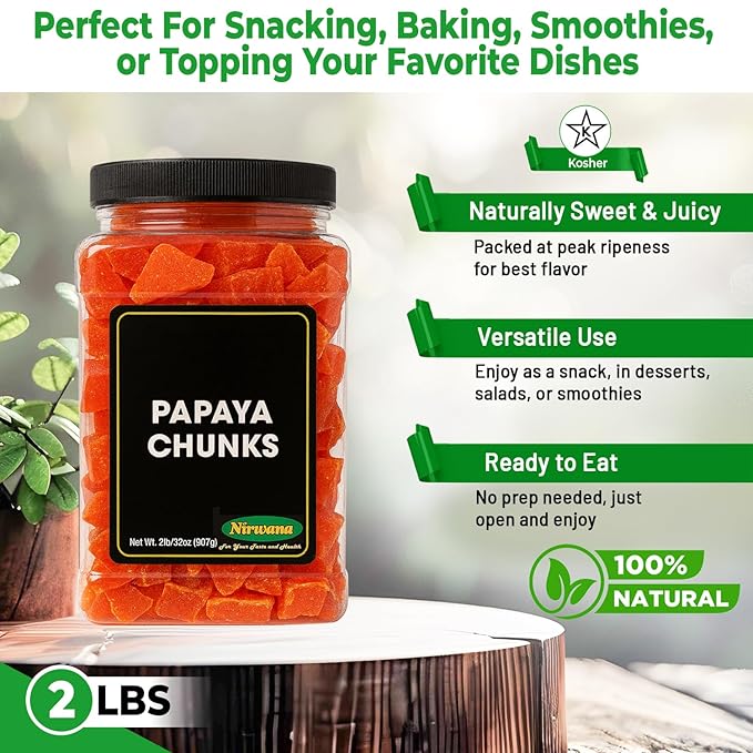 Papaya Chunks – Jar – Dried Fruit for Snacking and Baking 2 lb