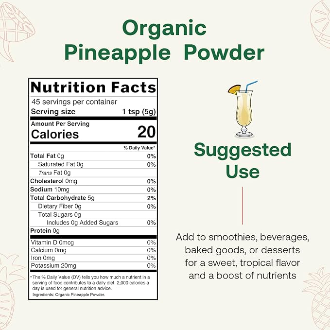 Quay Naturals Organic Pineapple Powder 8oz USDA Organic Freeze-Dried Pineapple Fruit Powder No Additives Gluten-Free