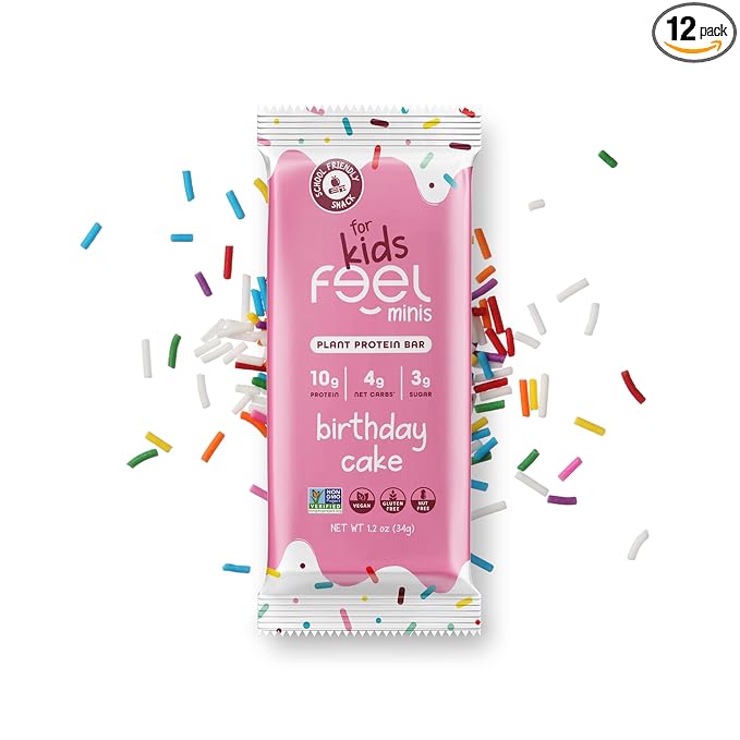 Feel Bar Minis – Kids Protein Bars | Birthday Cake | 10g Plant Protein | 100 Calories | No Added Sugar | + Daily Veggies | Gluten Free No Nuts No Soy No Dairy No Grains (12 Pack)