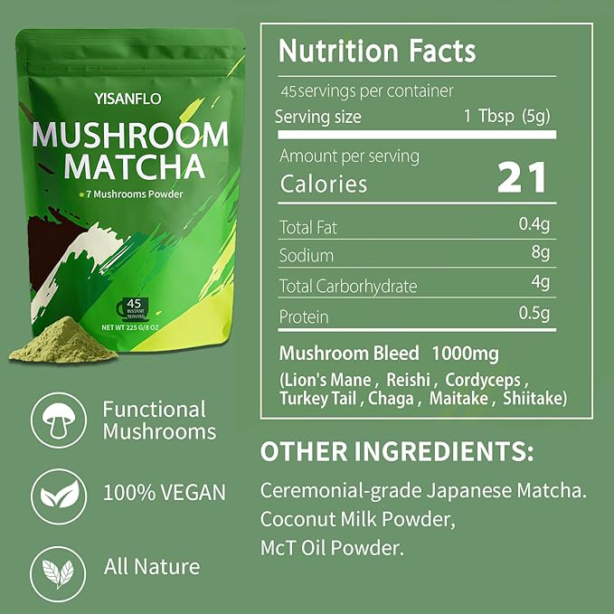 YISANFLO 7-in-1 Mushroom Matcha for Energy Focus Digestion Immunity Turkey Tail Shiitake Lion's Mane Ceremonial-Grade Matcha Mushroom Powder 8 Oz(45 Servings)