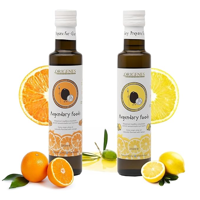 Pack of 2 Extra Virgin Flavored Olive Oil 1 Bottle Lemon Infused 1 Bottle Orange Infused EVOO Cold Pressed Polyphenol Rich EVOO Intense Flavor Olive Oil Extra Virgin from Laconia 2X250ml
