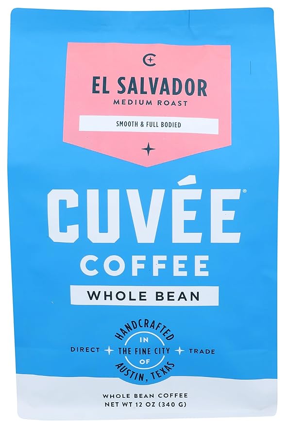 Cuvee Coffee El Salvador – Single Origin Medium Roast Whole Bean 12 oz – Bright Tangerine &amp Plum Notes Direct-Trade Roasted in Austin TX.