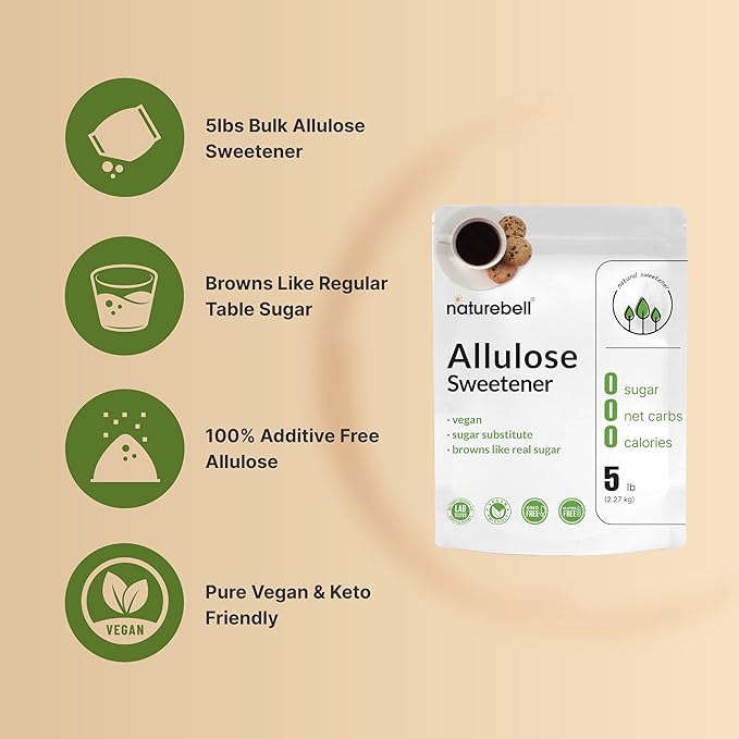 NatureBell Allulose Sweetener 5 Lbs | Keto &amp Vegan-Friendly White Sugar Substitute | 0 Calorie 0 Sugar 0 Net Carb Non-Glycemic Browns Like Table Sugar | Bulk Supply for Baking &amp Beverage
