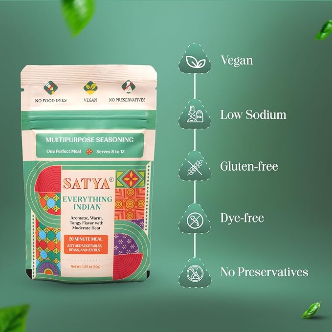 Satya Everything Indian Masala Mix Multipurpose Seasoning Powder– 1.05 oz Sachets (Pack of 5 – 150gm) Aromatic Indian Spices for Vegetables Beans &amp Lentils Vegan Gluten &amp Dye Free Low Sodiu
