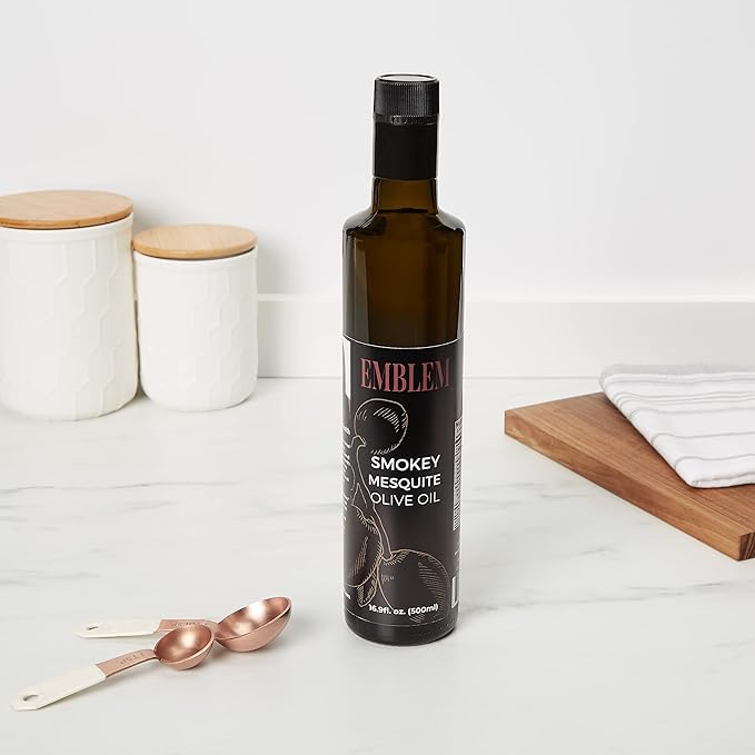 Emblem 100% Extra Virgin and Infused Olive Oil for Everyday Kitchen Use | Cold Extracted Cooking &amp Baking | Non GMO Keto Vegan Friendly 500ml (Smokey Mesquite)