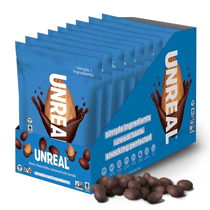 UNREAL Dark Chocolate Almonds - Certified Vegan Gluten Free Fair Trade Non-GMO No Sugar Alcohols or Soy (9 bags)