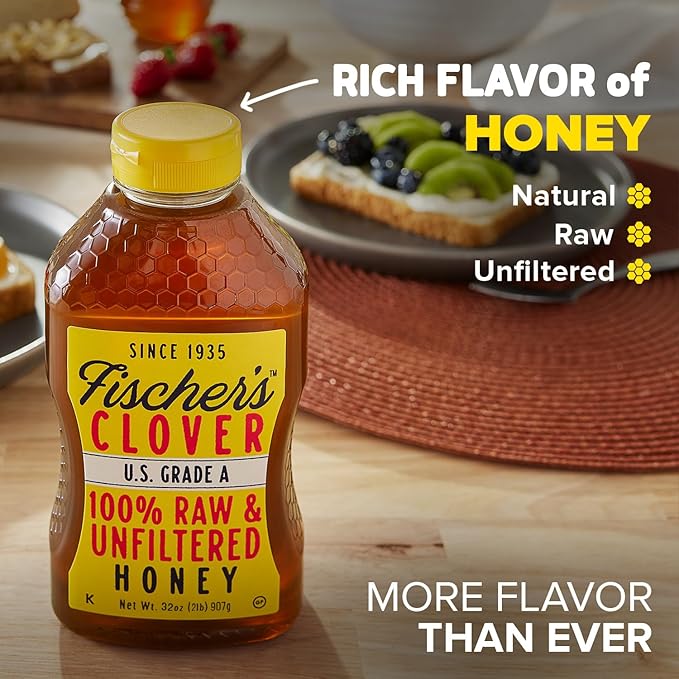 Fischer’s 100% Pure Clover Honey – Unfiltered Raw Honey 32 oz Squeeze Bottle – All-Natural Sweetener – Rich Flavor Profile Packed with Nutrients