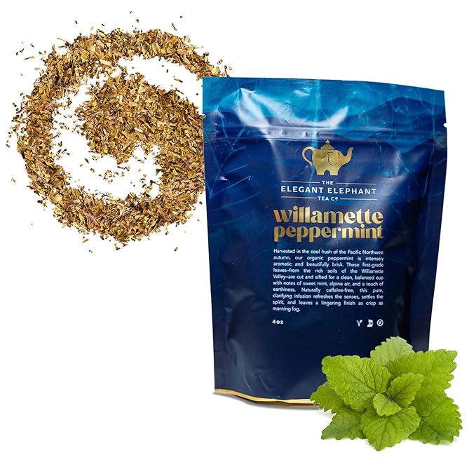 Willamette Peppermint Tea Organic Loose Leaf Mint Herbal Tea – Soothing Caffeine-Free – Refreshing Hot or Iced – 4 oz Resealable Bag (Makes 50 Cups) – The Elegant Elephant