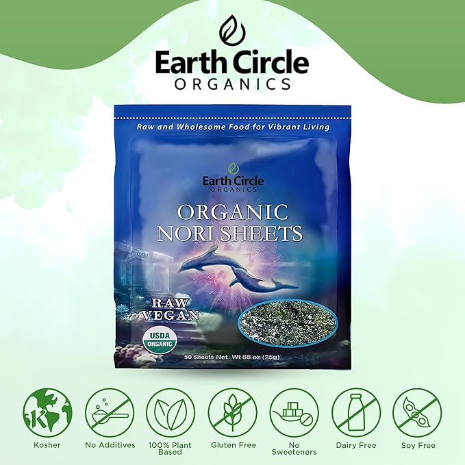 Earth Circle Organics | Organic Nori Seaweed Sheets - Raw Unheated &amp Not Roasted | Grade A Certified | Vegan Paleo Keto Friendly | Premium Nori for Sushi Rolls &amp Wraps (50 Sheets 2 Pack)