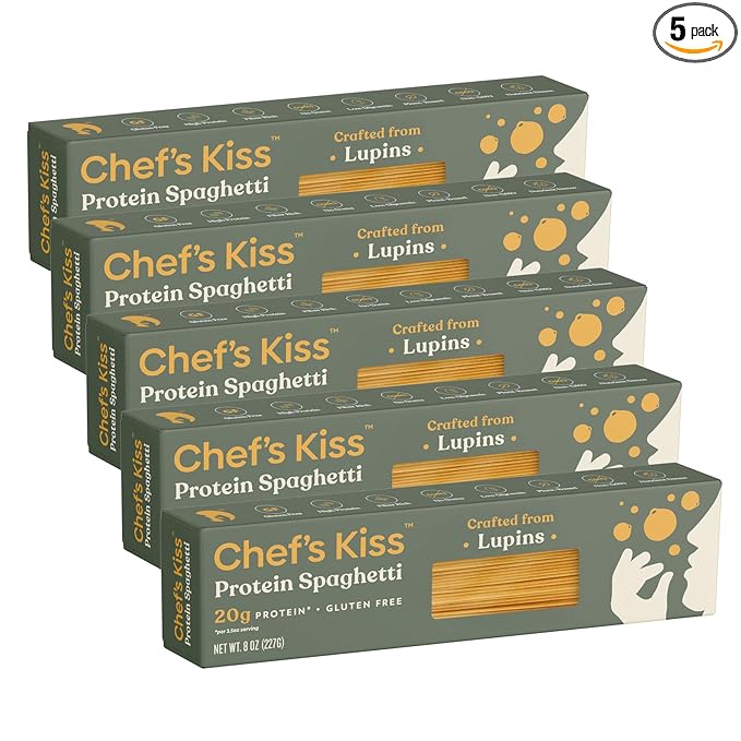 Chef’s Kiss Protein Spaghetti | 20g Protein High Fiber | Gluten Free Plant-Based Lower Carb Pasta Made from Lupins | No Fillers No Gums | High Protein Spaghetti Alternative | Non GMO | 5-pack (8oz)