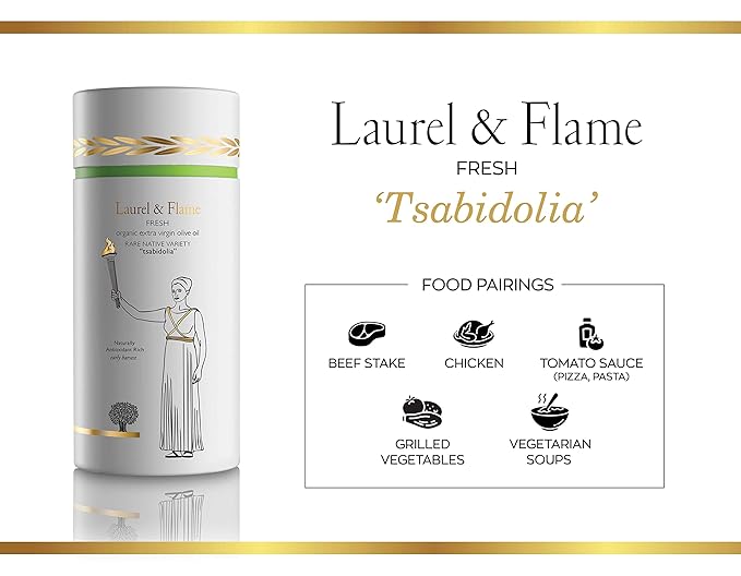 Laurel &amp Flame Fresh - Extra Virgin Olive Oil - Best Greek Olive Oil Award - Cold Pressed - Polyphenol Rich (1212 MG/KG) - USDA-Organic - 90X Hydroxytyrosol Polyphenols - Early Harvest - Single