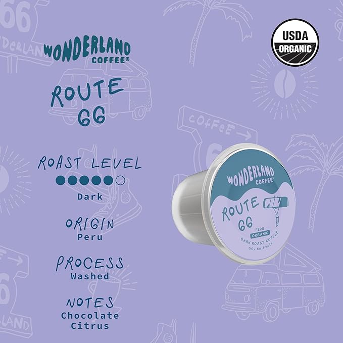 Wonderland Coffee | Route 66 Organic Coffee B-Pods | Only Compatible with Bruvi Single-Serve Coffee Brewer | Includes 60 Pods