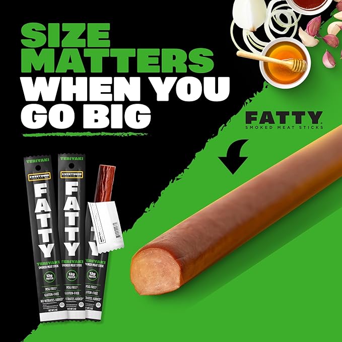 FATTY Meat Sticks Made with Grass Fed Beef Pork Raised Without Antibiotics 12g Protein Per Stick Teriyaki Easter Basket Stuffer for Men 2 oz. (Pack of 20)