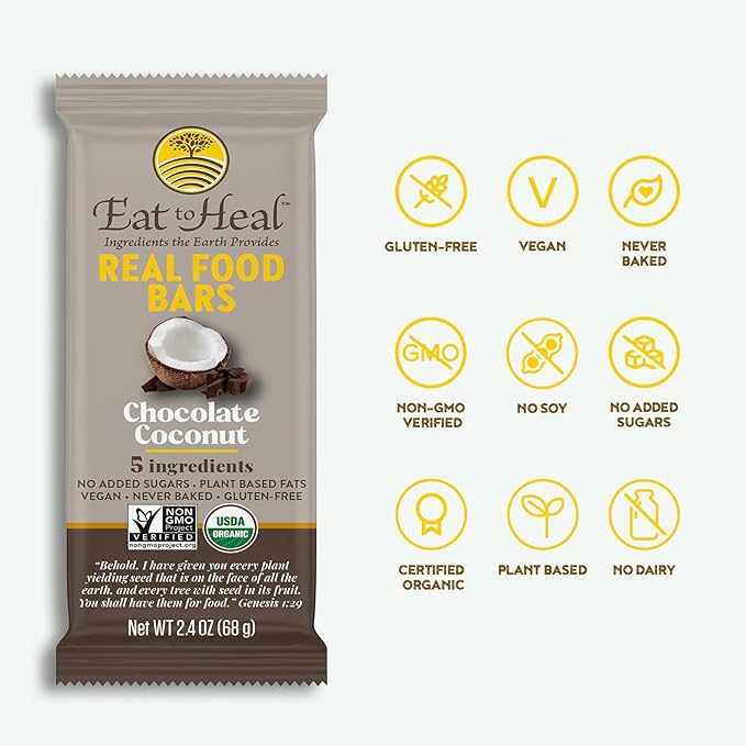 EatToHeal Chocolate Coconut Real Food Bar - Organic Vegan Healthy Gluten Free Protein Bars - Low Sugar Meal Replacement Bar Non GMO Never Baked Plant Based - Crafted to Enjoy Not Sit on Shelves