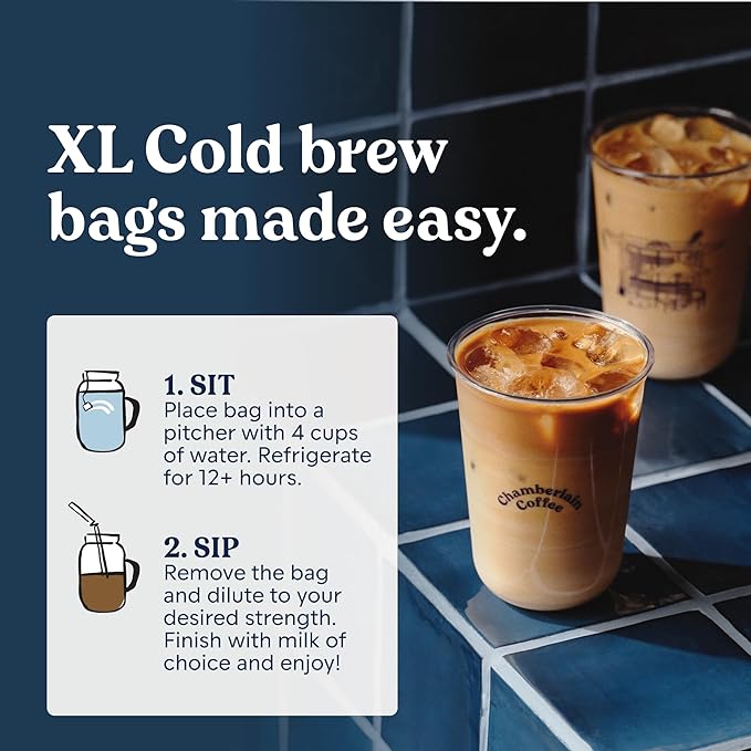 Chamberlain Coffee Organic Cold Brew Large Coffee Bags Medium Roast - Premeasured Ready to Brew - Makes 4 Cups per Bag - Perfect for Iced Coffee Convenient and Easy Brewing Experience - 8.5 oz
